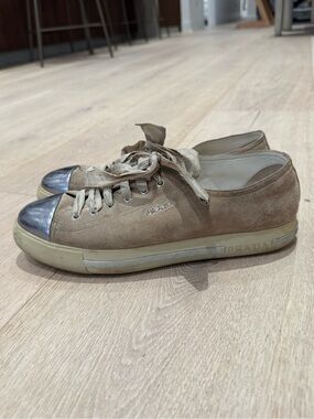 Prada Women’s Tan Suede Sneakers with Silver Metallic Toe